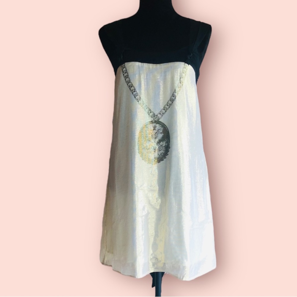 100% Silk Gold & Black Silk Cameo Mini Dress